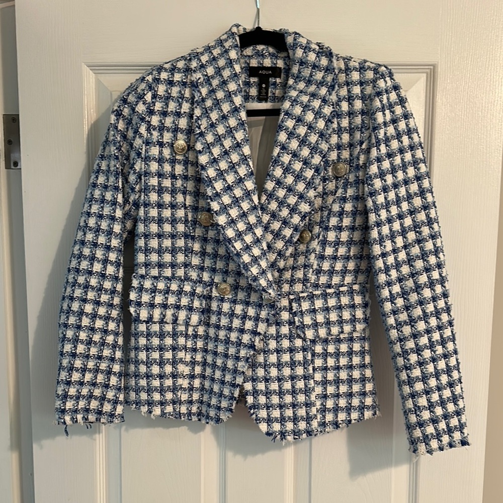 Blue and White Tweed Double-Breasted Jacket